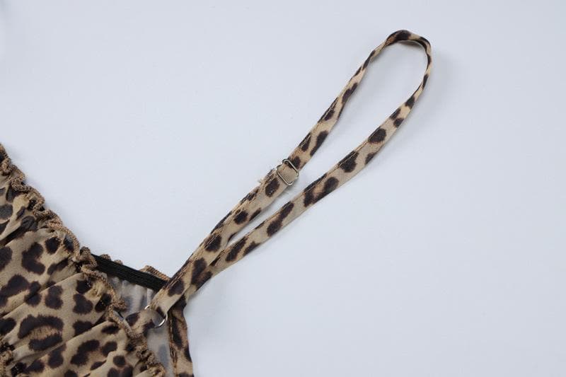 Leopard print ruffle ruched crop chiffon cami pant set