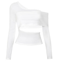 Long sleeve one shoulder hollow out solid irregular backless cut out top