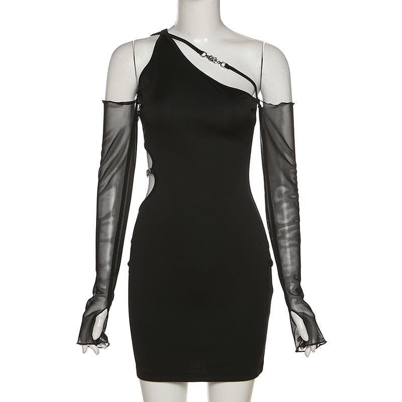 Long mesh sleeve off shoulder hollow out irregular dress