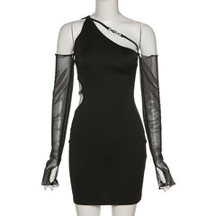 Long mesh sleeve off shoulder hollow out irregular dress
