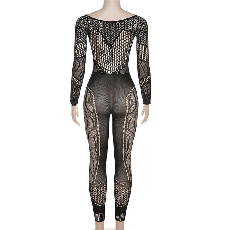 Long sleeve hollow out solid fishnet see through jumpsuit - Final Sale