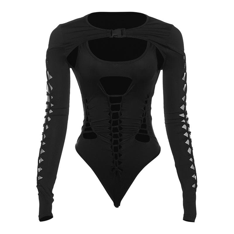 Long sleeve hollow out buckle solid bodysuit