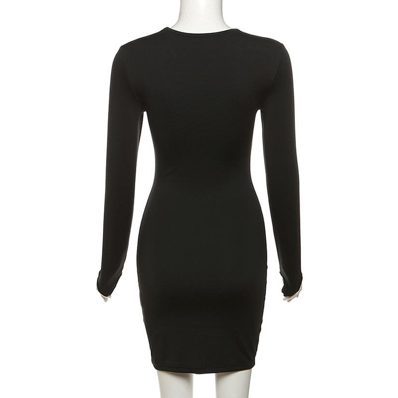 Hollow out long sleeve gloves solid crewneck cut out mini dress