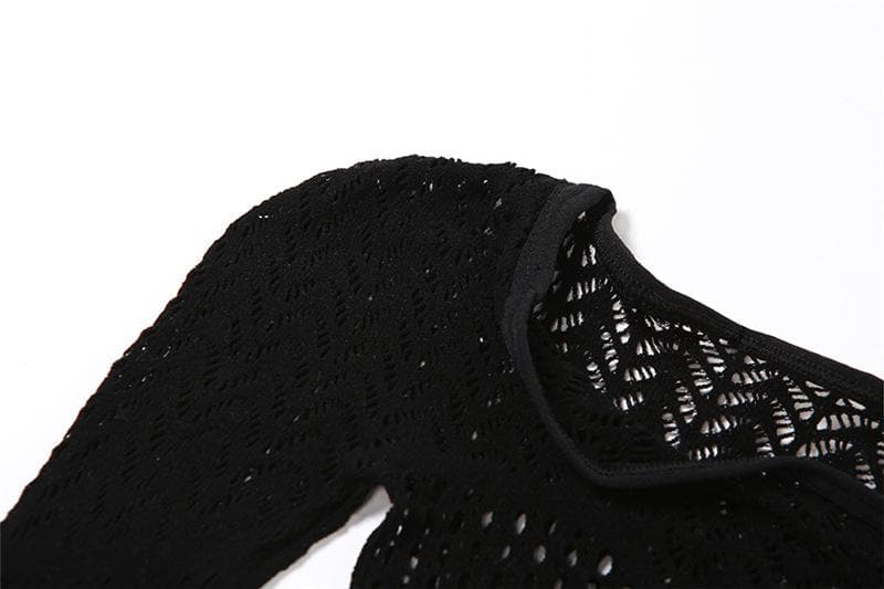 Long sleeve hollow out solid fishnet see through jumpsuit - Final Sale