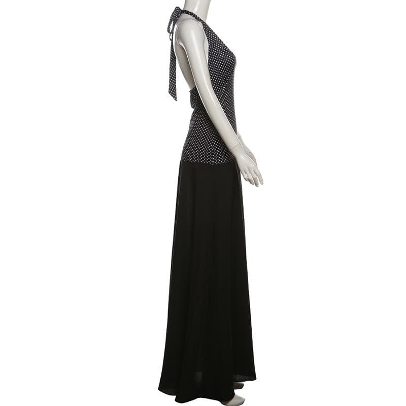 Halter polka dot print v neck backless maxi dress