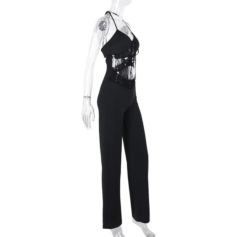 Halter v neck hollow out lace patchwork jumpsuit