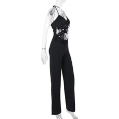 Halter v neck hollow out lace patchwork jumpsuit