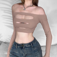 Hollow out off shoulder gloves long sleeve solid crop cut out top