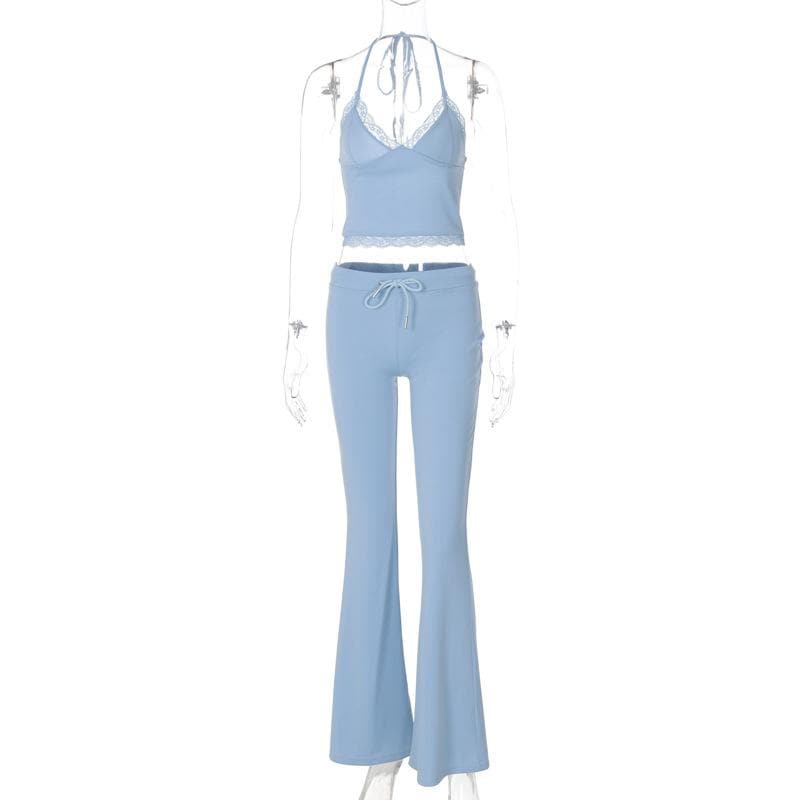 Halter v neck drawstring ruched lace hem pant set