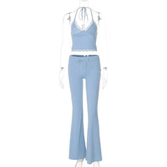 Halter v neck drawstring ruched lace hem pant set