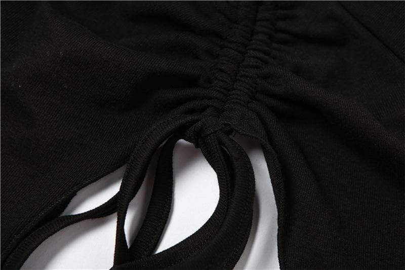 Mesh hollow out slit drawstring long sleeve halter self tie crop cut out top