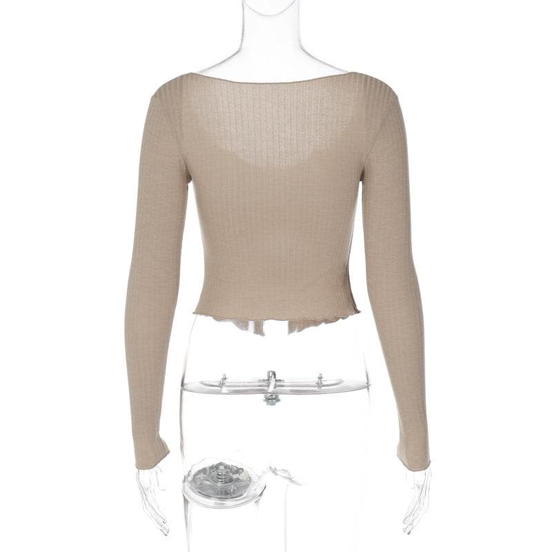 Long sleeve notch neck ruffle solid slit crop top