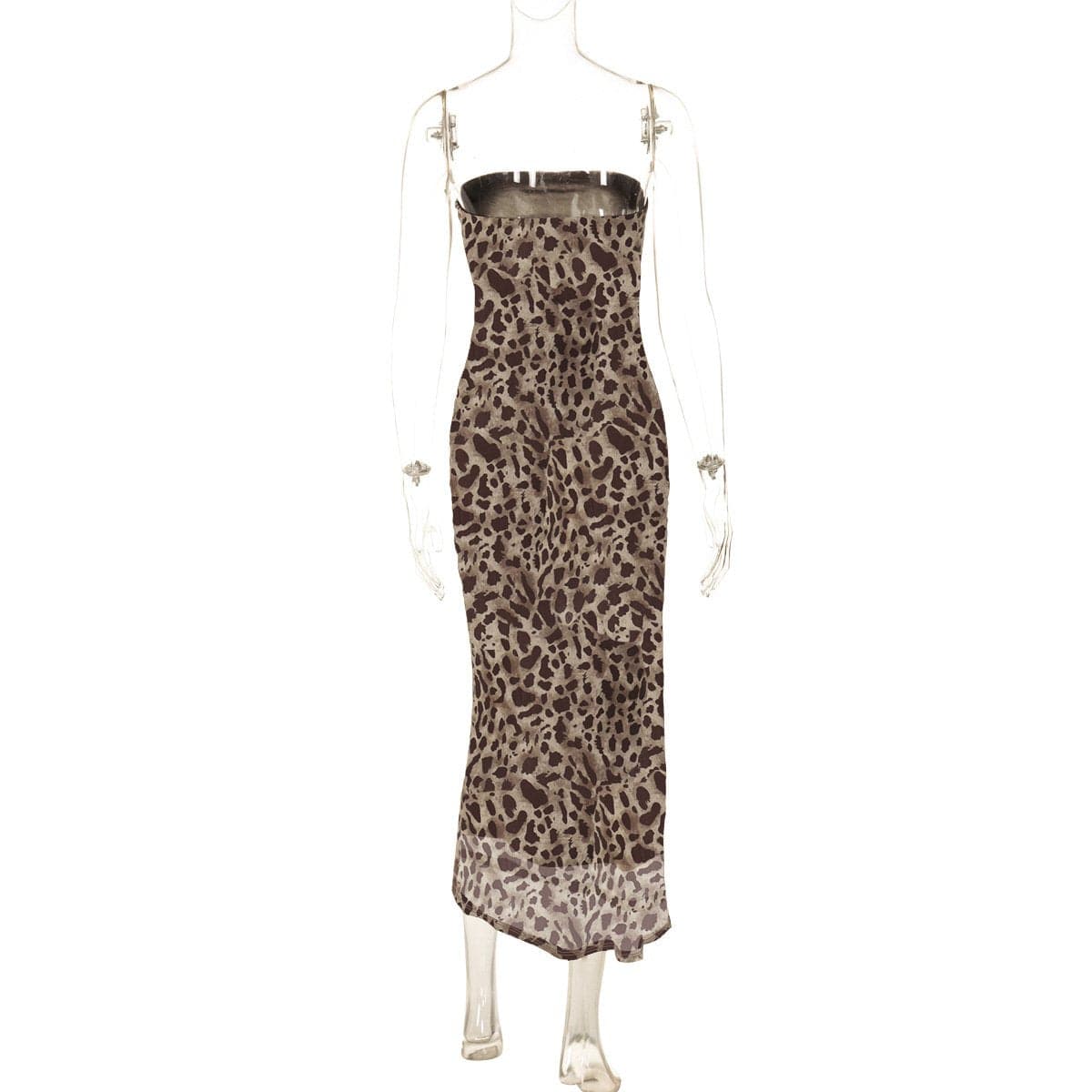 Leopard print slit mesh tube midi dress