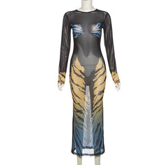 Long sleeve tiger print crewneck sheer mesh midi dress