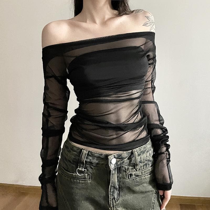 Mesh off shoulder ruched solid long sleeve 2 piece top