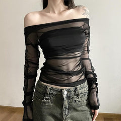 Mesh off shoulder ruched solid long sleeve 2 piece top