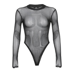 Long sleeve sheer mesh striped bodysuit