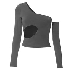 Hollow out solid one shoulder gloves irregular cut out top