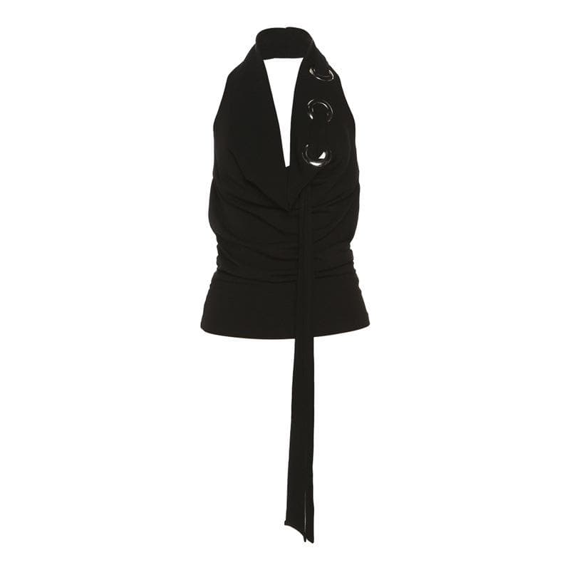 Halter backless hollow out ribbed cowl neck solid cut out top