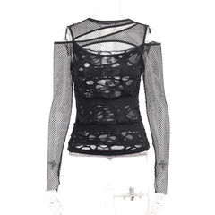 Long sleeve fishnet hollow out irregular see through cut out top