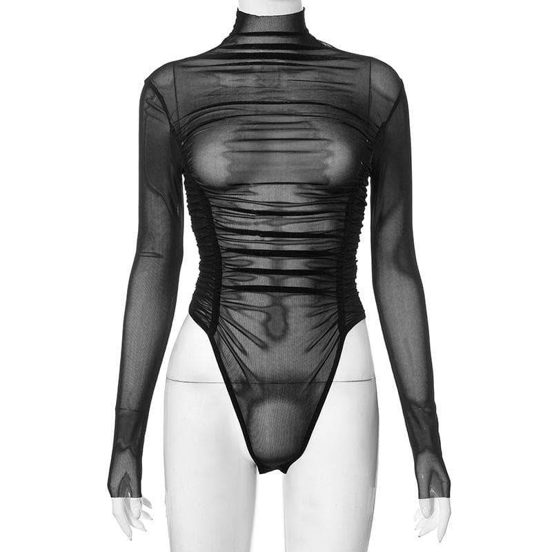 High neck see through long sleeve sheer mesh bodysuit