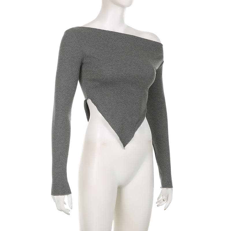 Long sleeve irregular slit off shoulder solid top