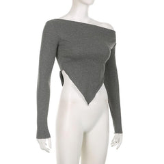 Long sleeve irregular slit off shoulder solid top
