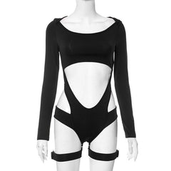 Hollow out zip-up long sleeve button buckle bodysuit