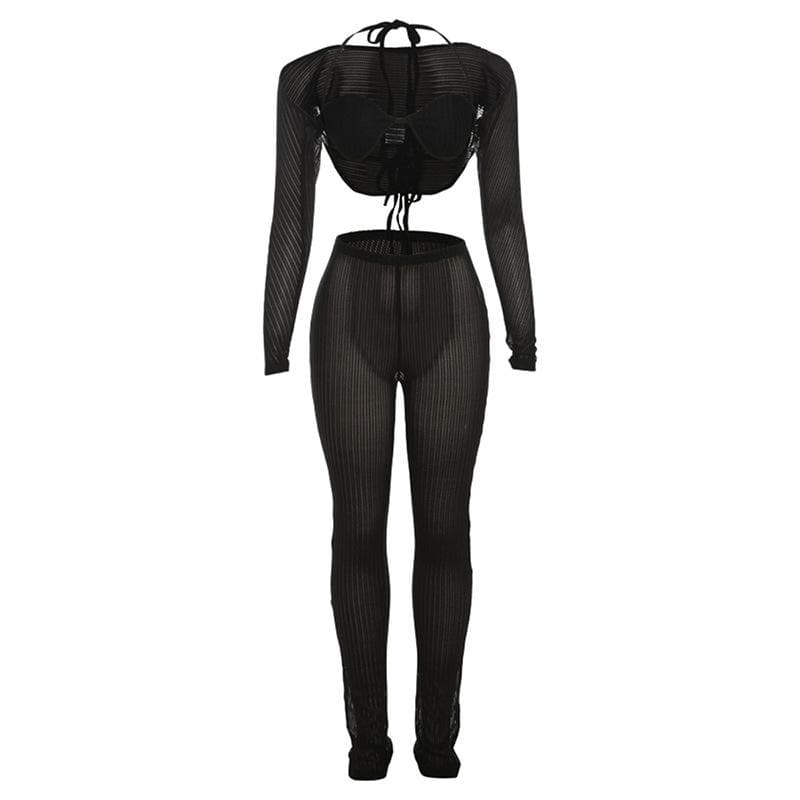 Halter shrug textured see through pant set