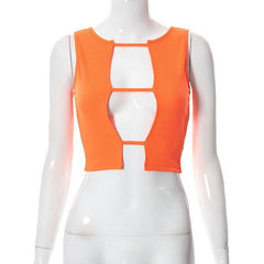 Hollow out sleeveless ribbed solid crop cut out top
