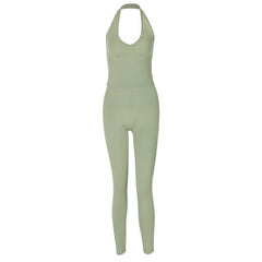 Halter u neck solid backless pant set