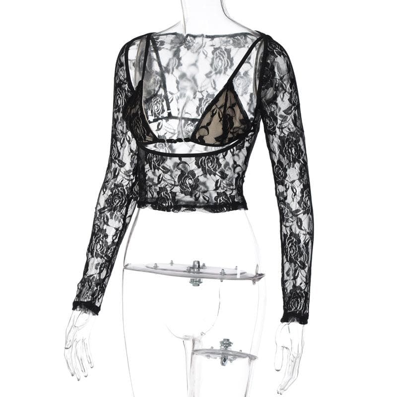 Long sleeve hollow out contrast lace 2 piece cut out top