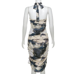 Halter tie dye ruched metal applique midi dress