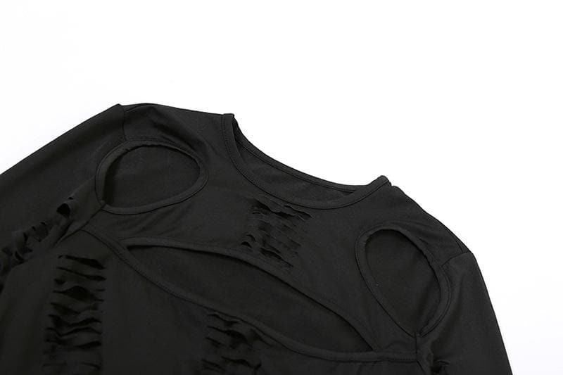 Hollow out long sleeve gloves solid crewneck cut out mini dress