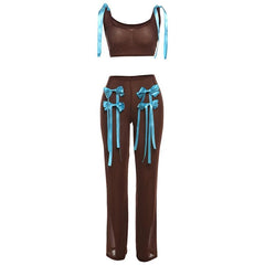 Bowknot applique sheer mesh self tie tank pant set