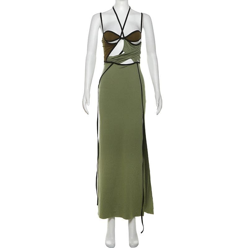 Halter contrast hollow out slit cami cut out midi dress