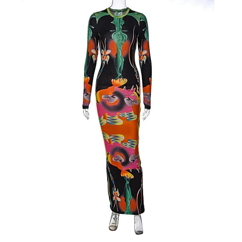 Long sleeve contrast abstract print round neck midi dress