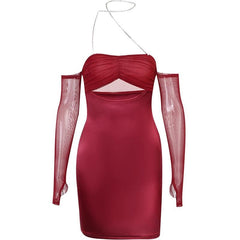 Mesh gloves solid halter ruched hollow out off shoulder cut out mini dress