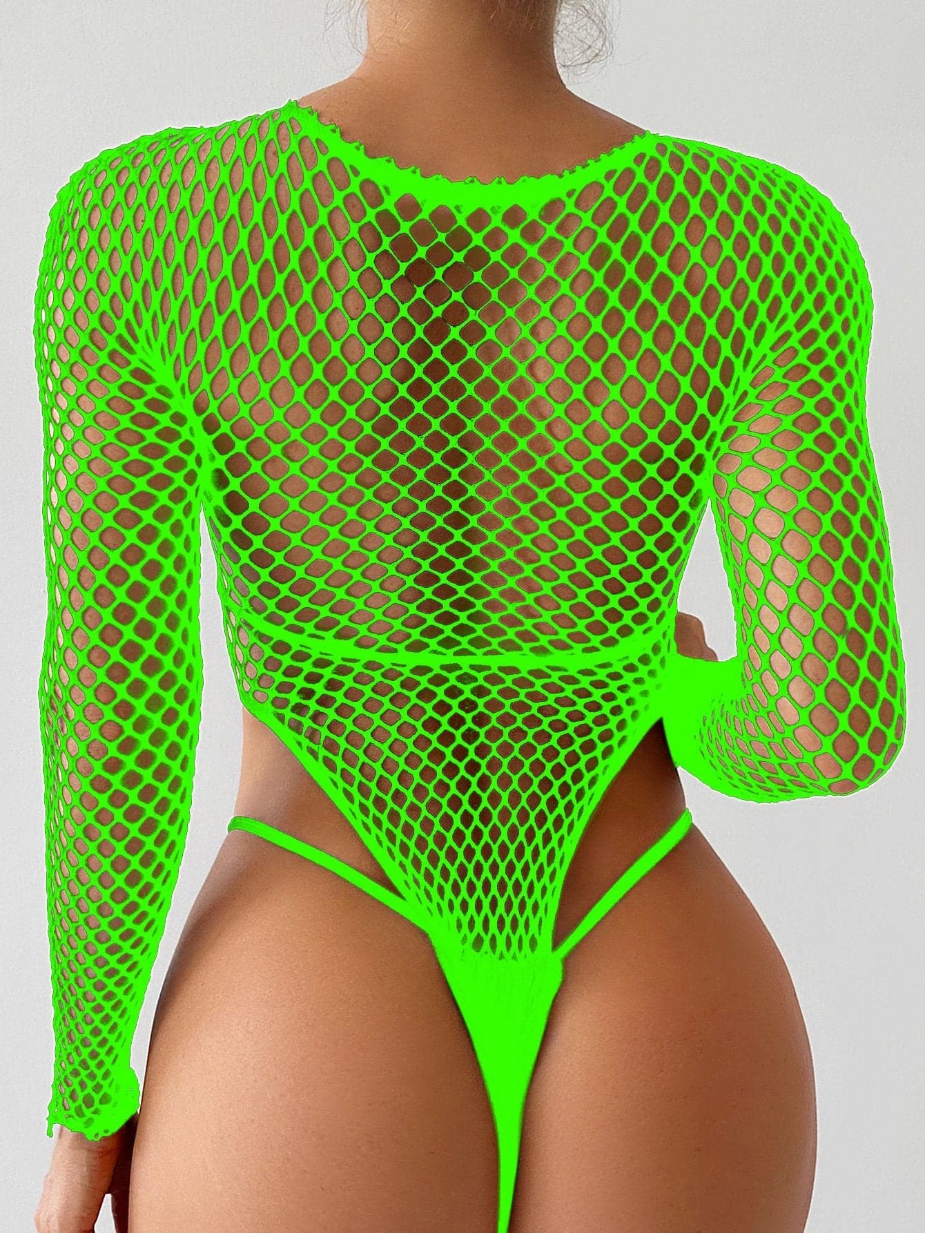 Long sleeve fishnet crewneck solid bodysuit