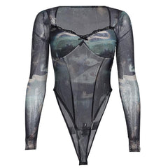 Long sleeve abstract print bowknot bodysuit