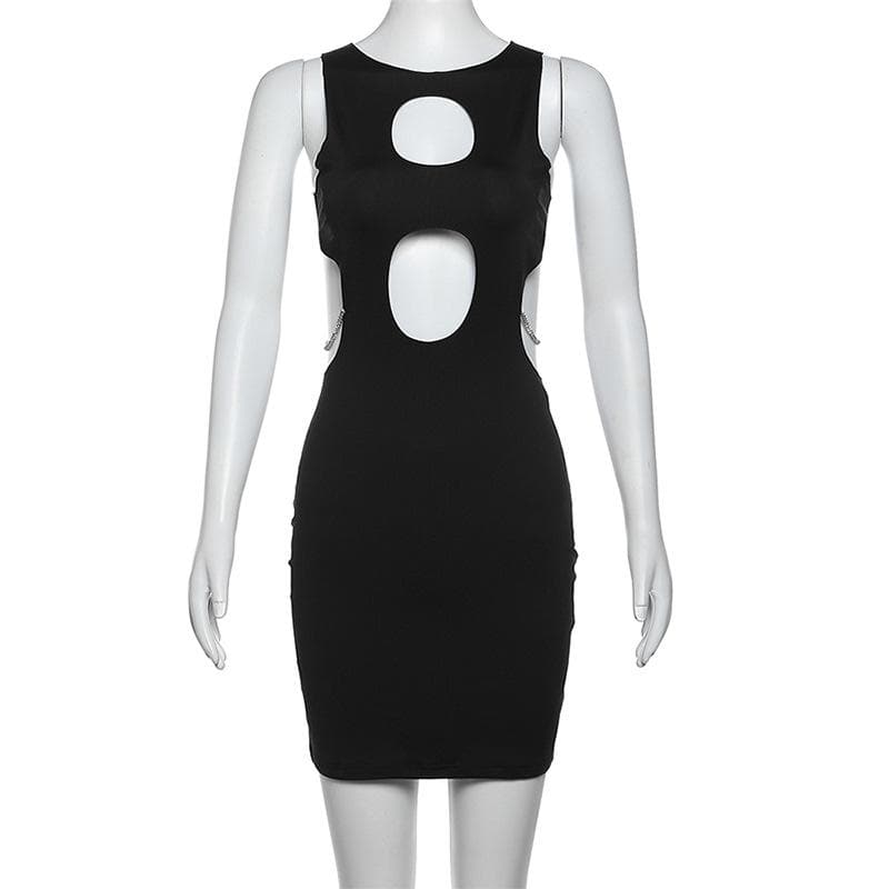 Hollow out sleeveless metal chain solid cut out mini dress