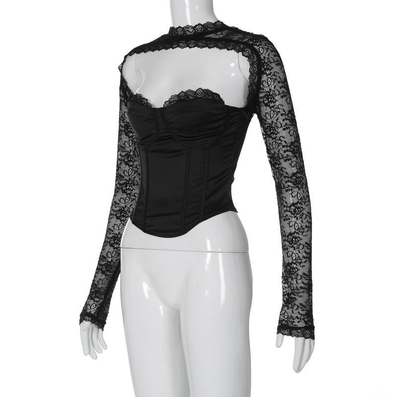 Long sleeve lace zip-up solid backless bustier patchwork top