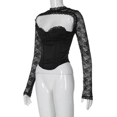 Long sleeve lace zip-up solid backless bustier patchwork top