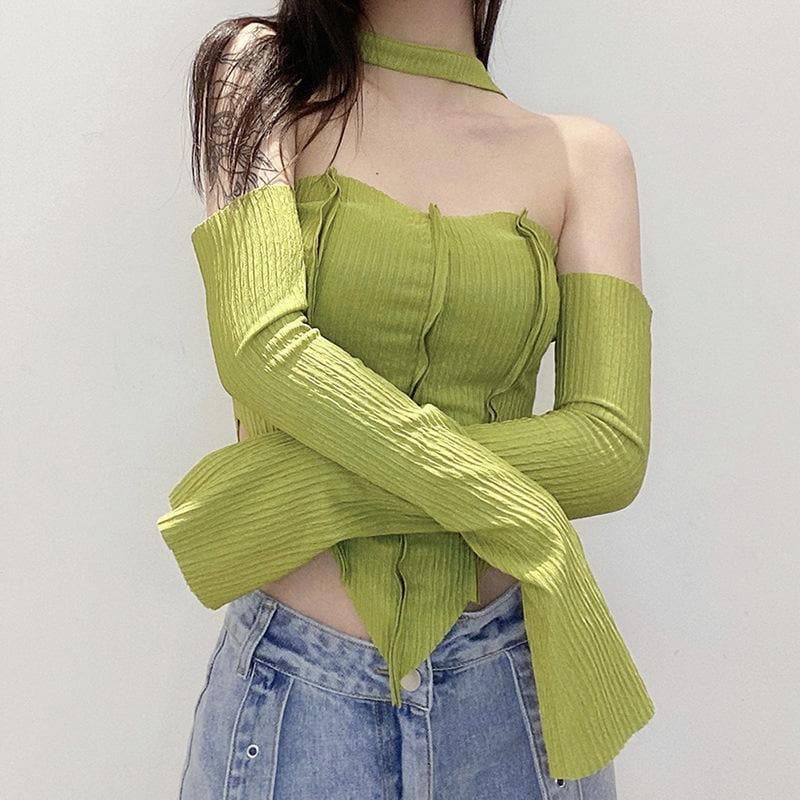 Long sleeve off shoulder patchwork halter top