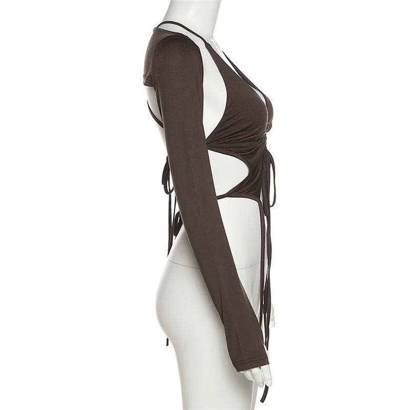 Long sleeves V neck halter ruched solid 2 piece top