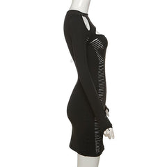 Hollow out long sleeve gloves solid crewneck cut out mini dress