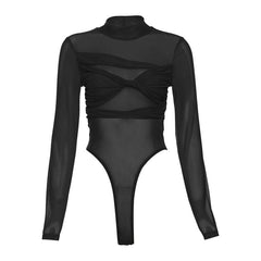 Long sleeve high neck mesh ruched bodysuit