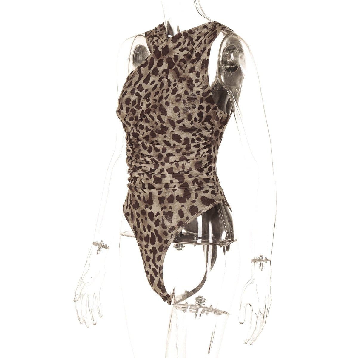 Leopard print sleeveless irregular ruched mesh bodysuit