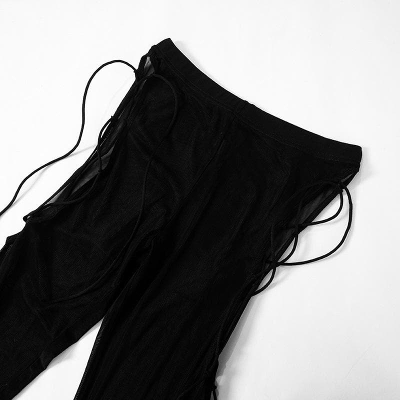 Long flared sleeve lace up sheer mesh pant set
