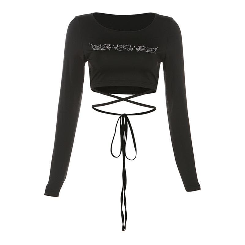 Beaded long sleeve cross front self tie round neck crop top